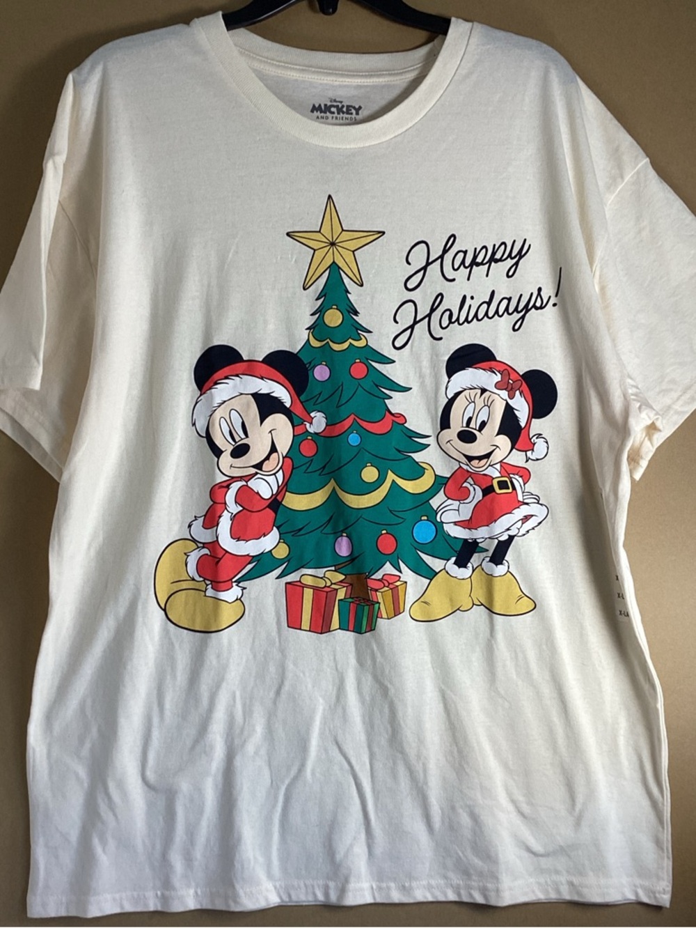 Disney Cream Holiday Mickey & Minnie Graphic Tee with Green Tree